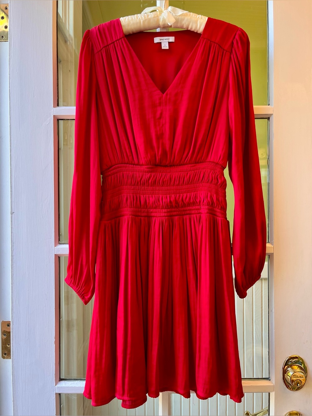 Nine West Red V-Neck Long-Sleeve Smocked Waist Dress - Picture 1 of 8